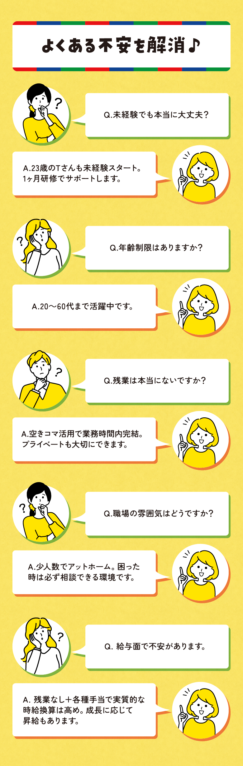 よくある不安を解消♪ Q.未経験でも本当に大丈夫？ A.23歳のTさんも未経験スタート。1ヶ月研修でサポートします。 Q.年齢制限はありますか？ A.20～60代まで活躍中です。Q.残業は本当にないですか？ A.空きコマ活用で業務時間内完結。プライベートも大切にできます。 Q.職場の雰囲気はどうですか？ A.少人数でアットホーム。困った時は必ず相談できる環境です。 Q. 給与面で不安があります。 A. 残業なし＋各種手当で実質的な時給換算は高め。成長に応じて昇給もあります。